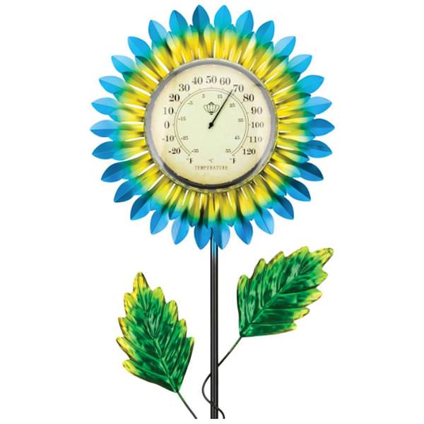 Blue Daisy Solar Thermometer Garden Stake Ornament