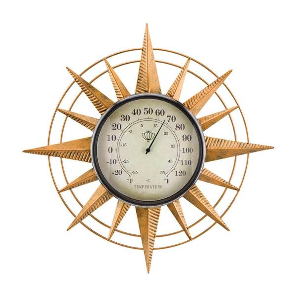 14" Compass Metal/Acrylic/Paper Thermometer Wall Décor