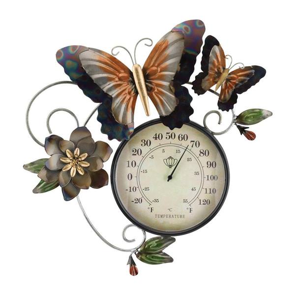 13" Butterfly Metallic Metal/Acrylic/Paper Thermometer Wall Décor