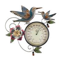 View 12.75" Hummingbird Metallic Metal/Acrylic/Paper Thermometer Wall Décor