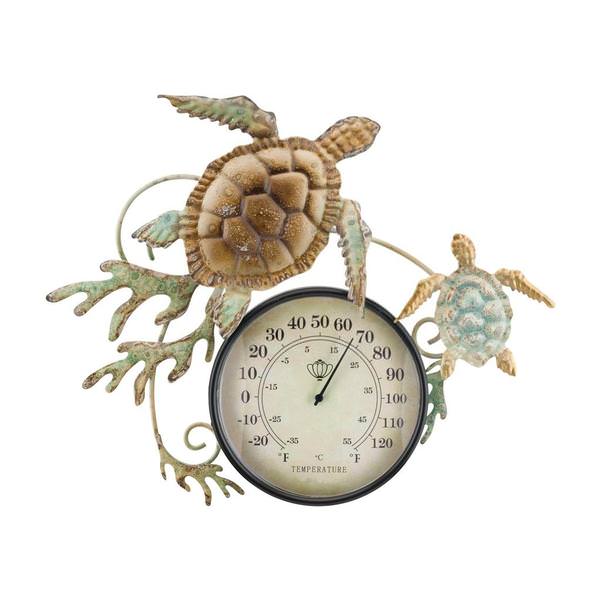 14" Sea Turtle Metallic Metal/Acrylic/Paper Thermometer Wall Décor