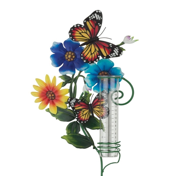 36" Flower Rain Gauge Butterfly Garden Stake 
