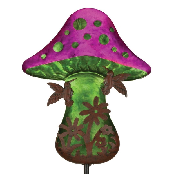 32" Fantasy Hummingbird Mushroom Solar Stake 