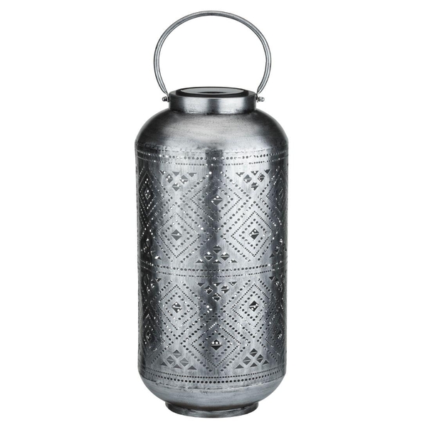 25.25" Antique Silver Shadow Cylinder Solar Lantern LED Light 