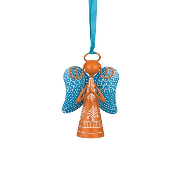4" Orange Angel Blue Wings Bell Ornament