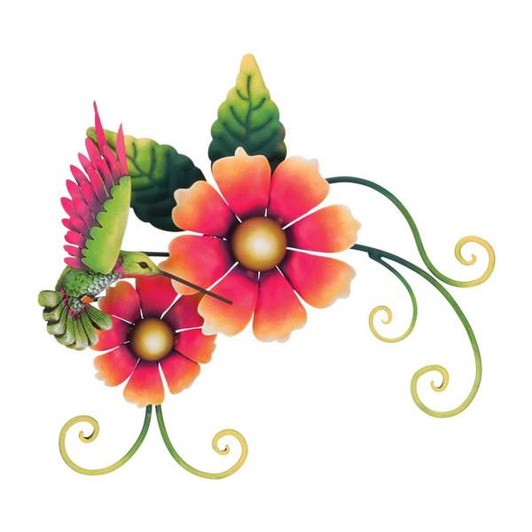 14" Hummingbird Double Flower Wall Décor