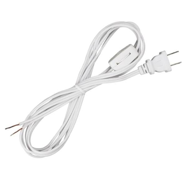 8' White Heavy Duty 2 Prong Molded Plug Cord with Switch