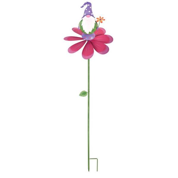 46" Pink Flower with Purple Hat Gnome Wind Spinner