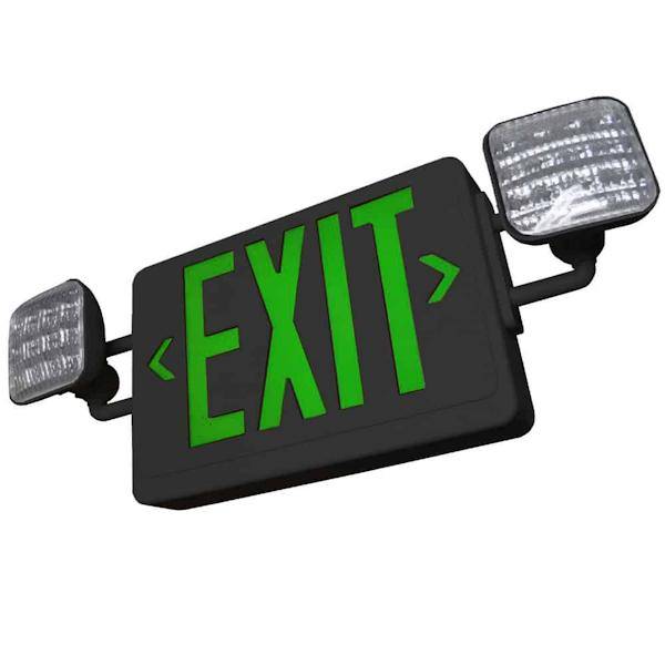120/277 volt LED Black Housing Green Letters Exit and Emergency Light Combo