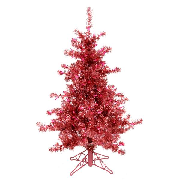 7.5' x 54" Cranberry Tinsel Slim 700 Cranberry Lights
