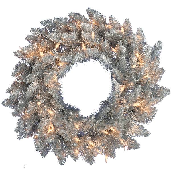 36" Artificial Silver Wreath 100 Clear Lights