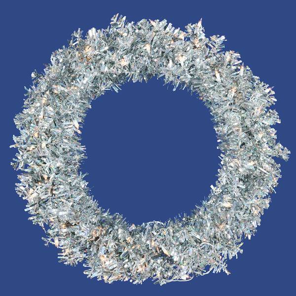 36" Artificial Silver Wide Cut Wreath 100 Clear Lights