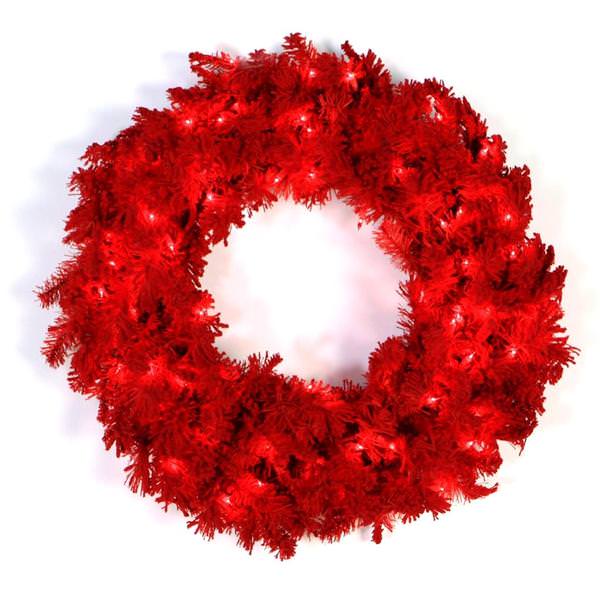 24" Artificial Flocked Red Spruce Wreath 50 Red Lights