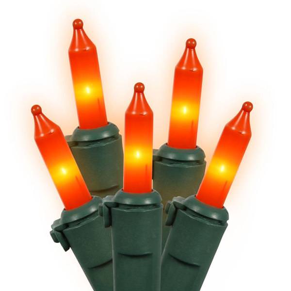 50 Light 16' Green Wire Orange Miniature String with 4" Spacing