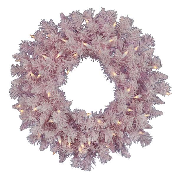24" Artificial Flocked Pink Spruce Wreath 50 Clear Miniature Lights