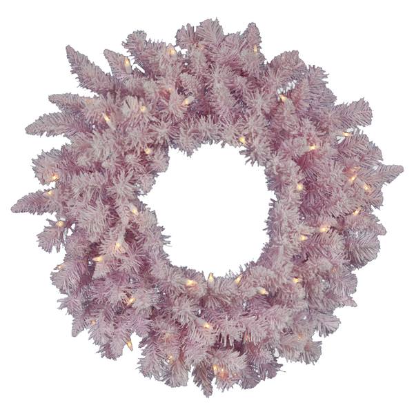 36" Artificial Flocked Pink Spruce Wreath 100 Clear Miniature Lights