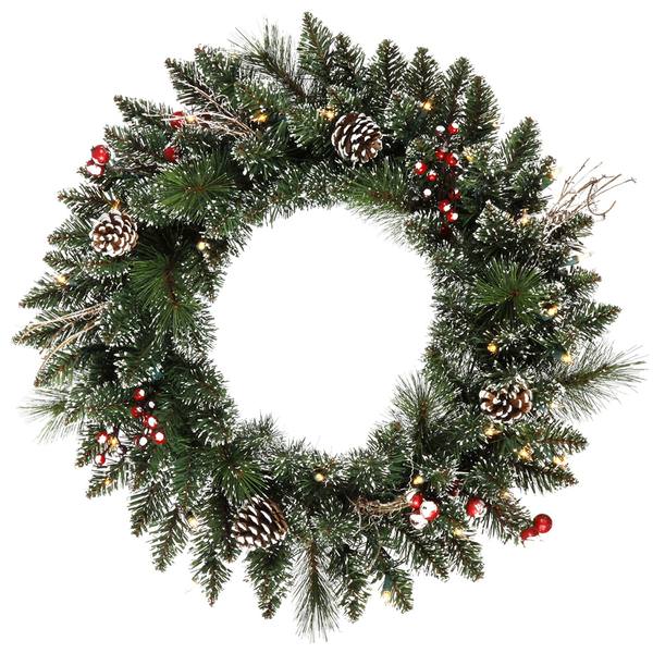 24" Artificial Snow Tipped Mixed Pine Wreath 35 Clear Lights