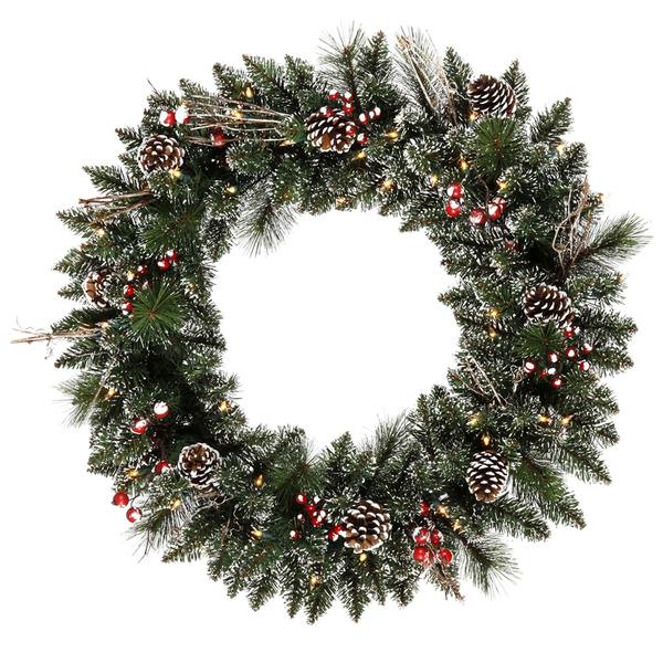 30" Artificial Snow Tipped Mixed Pine Wreath 50 Clear Lights