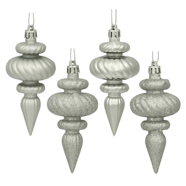 4" Silver Finial Shiny Matte Glitter Sequin Ornament (8 pack)