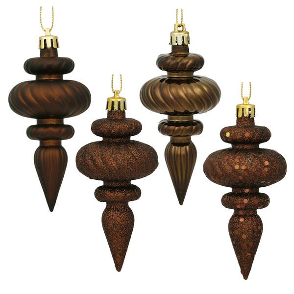 4" Chocolate 4 Assorted Finish Finial Ornament (8 pack)