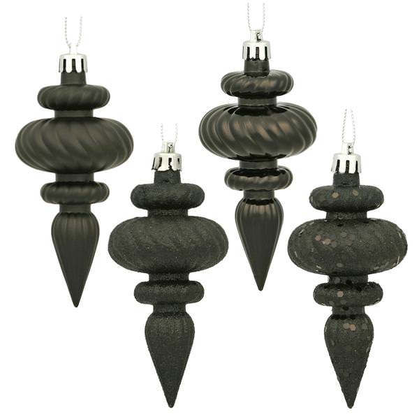 4" Black Shiny Matte Glitter Sequin Finial Ornament (8 pack)