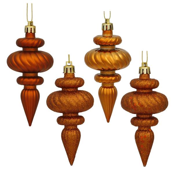 4" Burnished Orange Shiny Matte Glitter Sequin Finial Ornament (8 pack)