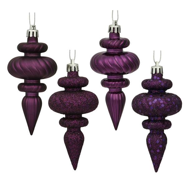 4" Plum Shiny Matte Glitter Sequin Finial Ornament (8 pack)