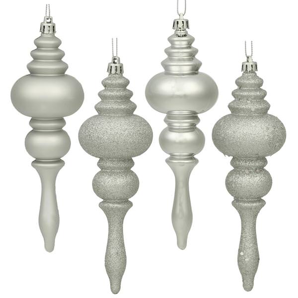 7" Silver Shiny Matte Glitter Sequin Finial Ornament (8 pack)