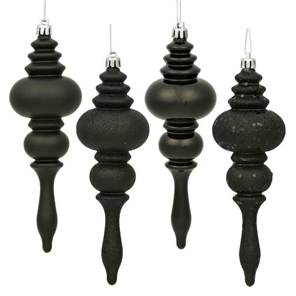 7" Black Shiny Matte Glitter Sequin Finial Ornament (8 pack)