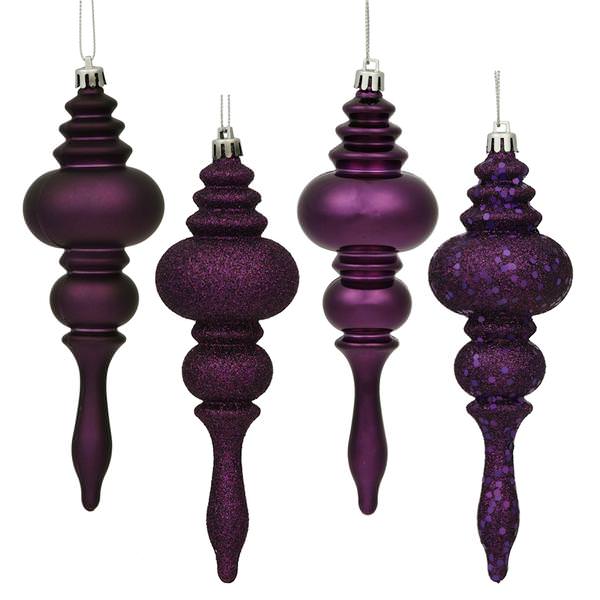 7" Plum Shiny Matte Glitter Sequin Finial Ornament (8 pack)
