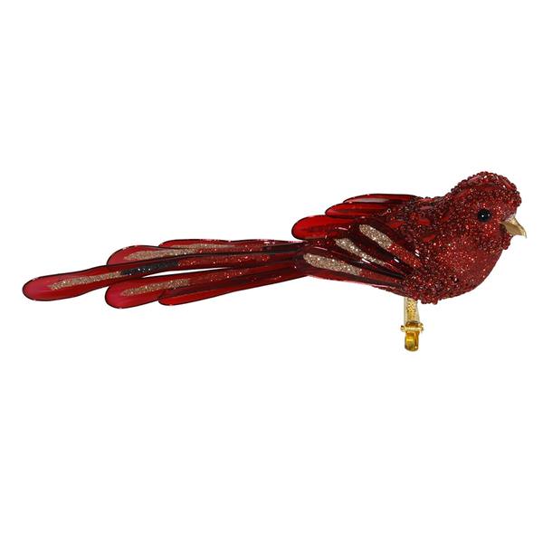 8" Red Beaded Bird Ornament with Clip