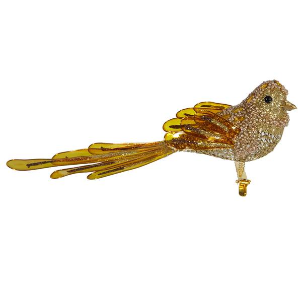 8" Gold Beaded Bird Ornament with Clip