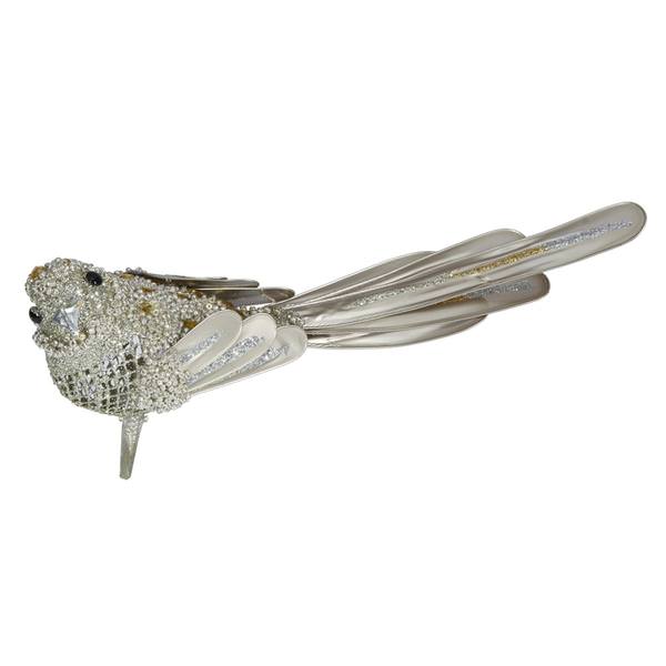 8" Champagne Beaded Bird Ornament with Clip