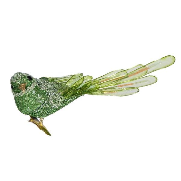 8" Light Green Beaded Bird Ornament with Clip