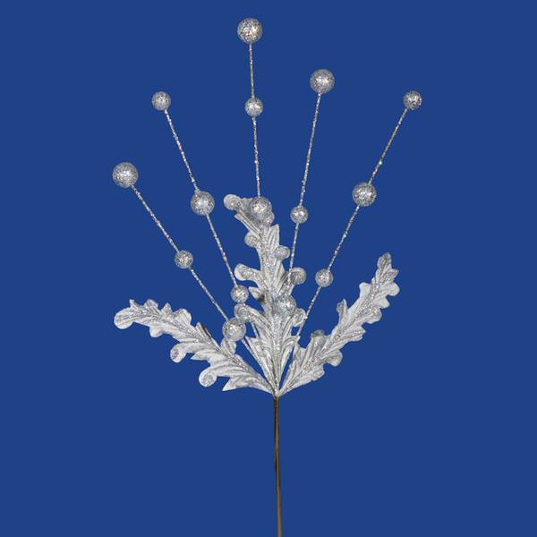 20" Silver Sparkle Berry Leaf Spray