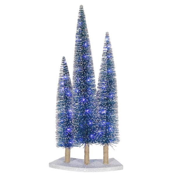 16" 24" 20" Blue & Silver Glitter Pine Tree Set 72 Blue LED Lights