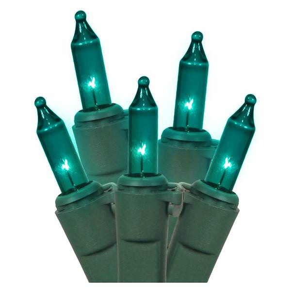50 Light 16' Green Wire Teal Miniature String with 4" Spacing
