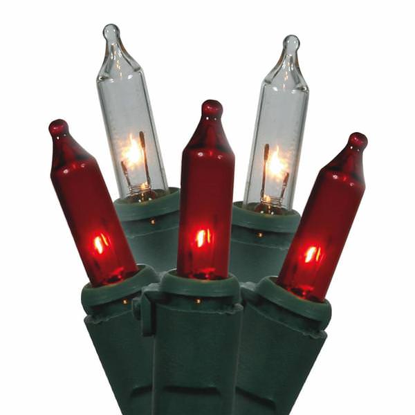 100 Light 46' Green Wire Red / Clear Miniature String with 5.5" Spacing