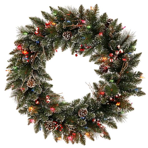 30" Artificial Snow Tip Pine 50 Multi-Color DuraLit Miniature Lights with Berries, Vines and Pine Cones