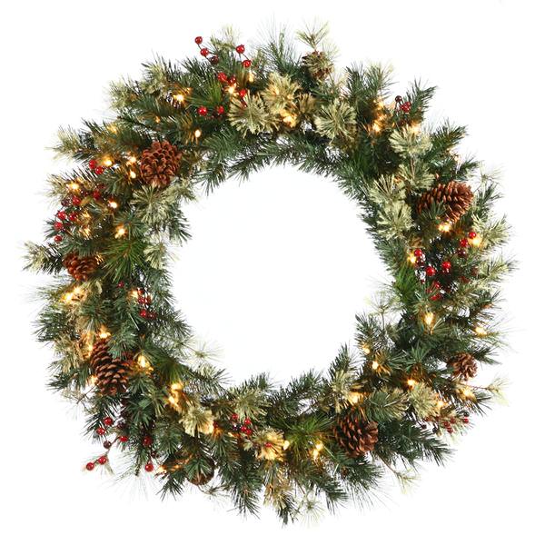 24" Artificial Prelit Nisswa Berry Pine Wreath 35 Clear Lights with Cones