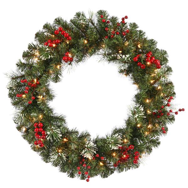 24" Artificial Siegal Berry Pine Wreath 35 Clear Lights with Berries