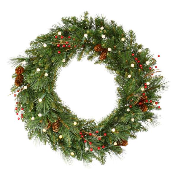 24" Artificial Mixed Pine Wreath Battery Operated 35 Warm White Lights
