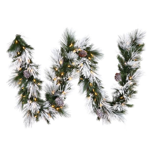 9' x 12" Artificial Flocked Mix Pine Garland 100 Warm White Italian LED Lights