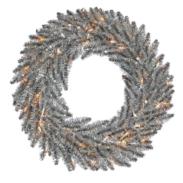 24" Artificial Pewter Tinsel Wreath 50 Clear Lights