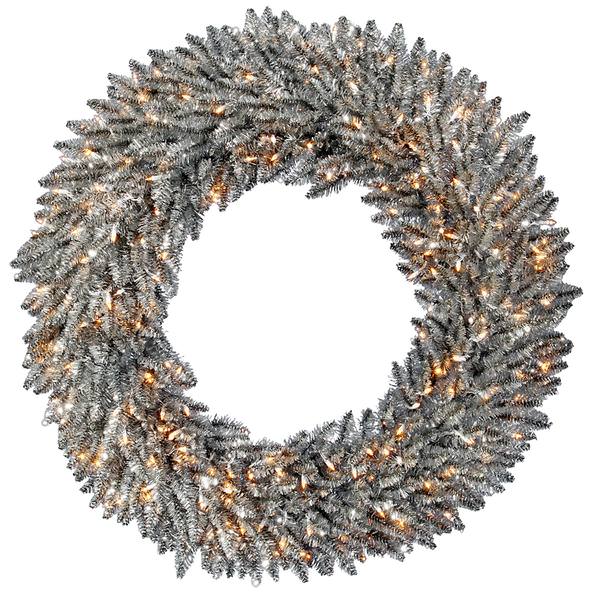 48" Artificial Pewter Tinsel Wreath 200 Clear Lights