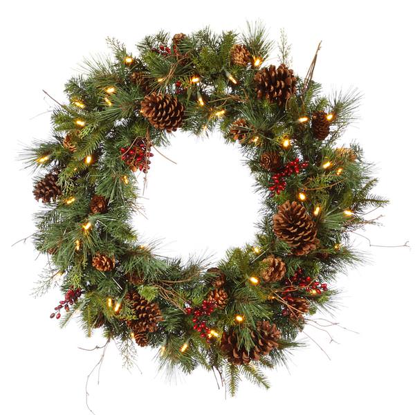 30" Artificial Cibola Mix Berry Wreath 50 Warm White Italian LED Lights