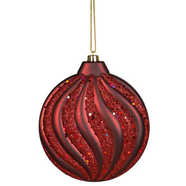 6" Burgundy Matte Glitter Swirl Flat Ball Ornament