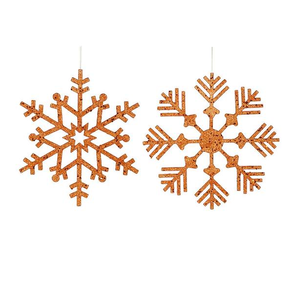 12" Burnished Orange Glitter Snowflake Assorted Ornament (2 pack)