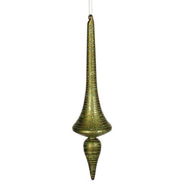 12" Dark Olive Matte Glitter Finial Drop Ornament