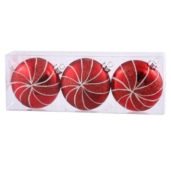 3.75" Red Flat Ball Ornament with Glitter (3 pack)